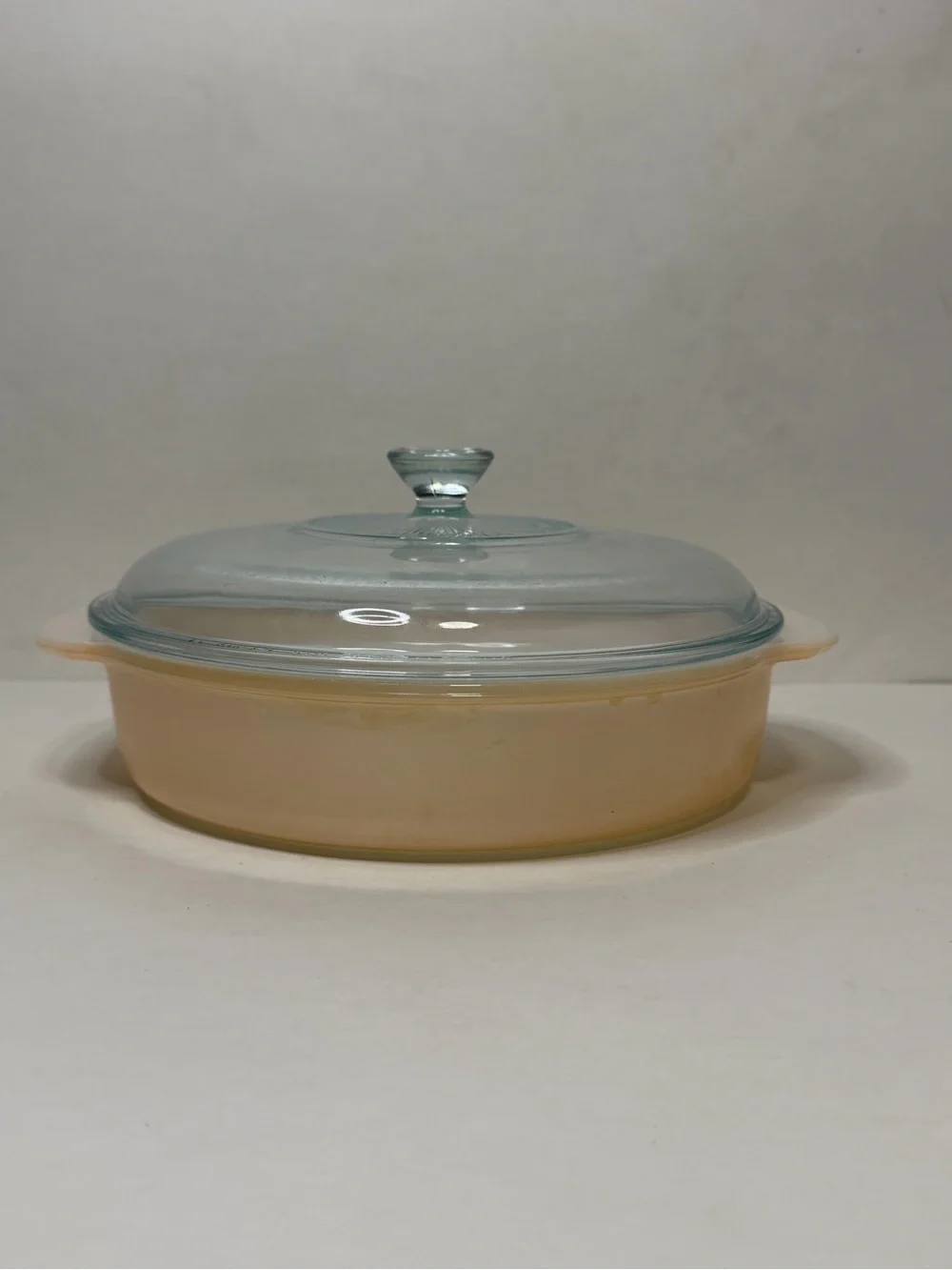 Vintage Fire-King Peach Lustre Round Casserole Dish with Pyrex Glass Lid, 2 Qt